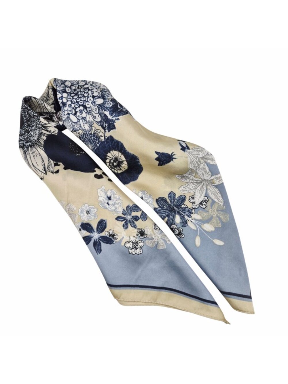 Silky Floral Wreath Square Scarf Blue Vintage Inspired Botanical Print headband - Picture 3 of 6